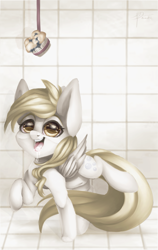 Size: 1661x2632 | Tagged: safe, artist:hamatte, derpy hooves, pegasus, pony, drool, female, mare, muffin, normal eyes, practice, smiling, solo, tied up