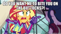 Size: 600x337 | Tagged: safe, screencap, sci-twi, sunset shimmer, twilight sparkle, equestria girls, friendship games, angry, exploitable meme, image macro, meme, my gym partners a monkey, sunset yells at twilight