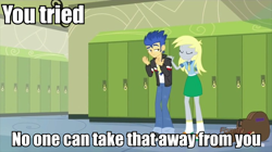 Size: 720x403 | Tagged: safe, edit, edited screencap, screencap, derpy hooves, flash sentry, equestria girls, friendship games, caption, comforting, consoling, female, guitar, image macro, lockers, male, meme, you tried