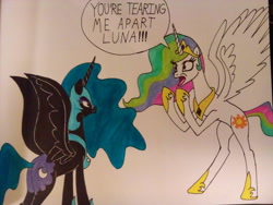 Size: 2560x1920 | Tagged: safe, artist:dragon-hobbit101, nightmare moon, princess celestia, alicorn, pony, rearing, spread wings, the room, tommy wiseau, traditional art, you're tearing me apart lisa