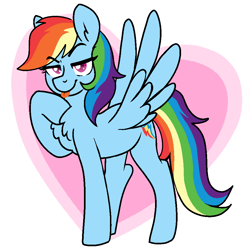 Size: 932x932 | Tagged: safe, artist:/d/non, derpibooru import, rainbow dash, pegasus, pony, chest fluff, cutie mark, female, looking at you, mlem, silly, solo, spread wings, tongue out, wings