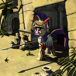 Size: 1000x1000 | Tagged: safe, artist:lordgood, derpibooru import, twilight sparkle, ancient ruins, armor, carthage, solo, spear, weapon