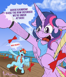 Size: 1400x1615 | Tagged: safe, artist:punk-pegasus, derpibooru import, rainbow dash, twilight sparkle, twilight sparkle (alicorn), alicorn, pegasus, pony, semi-anthro, alternate hairstyle, armpits, bandana, bookworm, bow, eyepatch, pirate dash