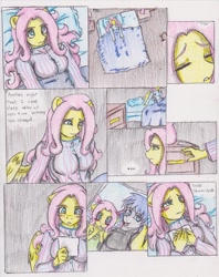 Size: 796x1003 | Tagged: safe, artist:zoarenso, fluttershy, oc, oc:stormcloak, anthro, comic:innocent sin, awesome face, blushing, breasts, comic, female, hootershy, traditional art, uncle, younger