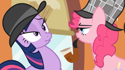 Size: 500x281 | Tagged: safe, derpibooru import, screencap, pinkie pie, twilight sparkle, earth pony, pony, unicorn, mmmystery on the friendship express, bowler hat, bubble pipe, deerstalker, duo, female, hat, mare, scrunchy face