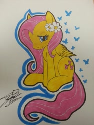 Size: 615x820 | Tagged: safe, artist:arctix, fluttershy, pegasus, pony, flower in hair, solo, traditional art