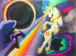 Size: 2554x1890 | Tagged: safe, artist:ho-ohlover, nightmare moon, princess celestia, alicorn, pony, eclipse, fight, rainbow, solar eclipse, traditional art