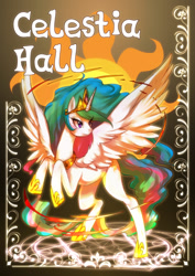 Size: 707x1000 | Tagged: safe, artist:girlieginger, princess celestia, alicorn, pony, crown, female, horn, mare, multicolored mane, multicolored tail, solo, white coat, white wings, wings