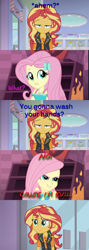 Size: 894x2516 | Tagged: safe, edit, edited screencap, screencap, fluttershy, sunset shimmer, a fine line, better together, equestria girls, dcau, doctor polaris, fluttershy's revenge, geode of empathy, geode of fauna, justice league, justice league unlimited, lex luthor, pure unfiltered evil, screencap comic, the flash