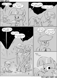 Size: 944x1294 | Tagged: safe, artist:capnpea, applejack, twilight sparkle, twilight sparkle (alicorn), alicorn, earth pony, pony, comic:three apples, behaving like a bird, black and white, bucket, comic, derp, dialogue, duo, duo female, female, frown, furry reminder, grass, grayscale, mare, monochrome, mouth hold, nest, nesting instinct, notepad, preening, prone, speech bubble, spread wings, tent, tree, umbrella, wide eyes, y'all