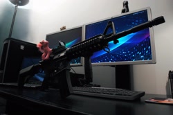 Size: 2560x1700 | Tagged: safe, artist:darkdoomer, pinkie pie, g3, ar15, carbine, colt, computer, custom, desk, gun, ibm, irl, m4a1, male, photo, photography, picatinny rail, thinkpad, toy, weapon