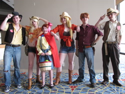 Size: 3648x2736 | Tagged: artist needed, safe, artist:eyeoffate, artist:raeraecosplay, apple bloom, applejack, big macintosh, braeburn, human, basket, cape, clothes, cosplay, irl, irl human, momocon, momocon 2012, photo