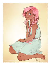 Size: 763x980 | Tagged: safe, artist:vasira, fluttershy, human, barefoot, braid, clothes, dark skin, dress, feet, humanized, looking at you, smiling, solo