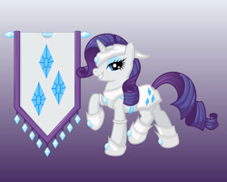 Size: 1280x1024 | Tagged: safe, artist:ohemo, rarity, pony, unicorn, armor, banner, flag, grin, smiling, solo