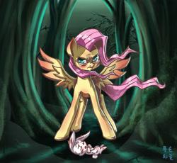 Size: 2368x2183 | Tagged: safe, artist:mrs1989, angel bunny, fluttershy, pegasus, pony, angry, crying, injured