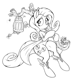 Size: 963x1000 | Tagged: safe, artist:dfectivedvice, fluttershy, bird, pegasus, pony, animal, belly button, bipedal, carrying, grayscale, lineart, monochrome, solo, staff