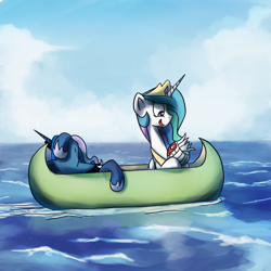 Size: 1200x1200 | Tagged: safe, artist:anticular, princess celestia, princess luna, alicorn, pony, ask sunshine and moonbeams, boat, canoe, cast away, duo, duo female, female, followers, mare, ocean, tumblr, water, wilson (cast away)