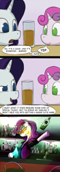 Size: 495x1414 | Tagged: safe, artist:dryayberg, rarity, sweetie belle, pony, unicorn, absinthe, alcohol, bartender, burnt, clothes, comic, cooking the absinthe, juice, kamina sunglasses, match, older, piercing, shirt, vest