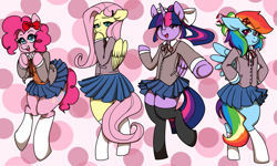 Size: 1851x1114 | Tagged: safe, artist:/d/non, derpibooru import, fluttershy, pinkie pie, rainbow dash, twilight sparkle, alicorn, earth pony, pegasus, pony, semi-anthro, abstract background, bow, clothes, cute, cutie mark, doki doki literature club, female, hair bow, looking at you, moe, open mouth, pigtails, pinkie sayori, pleated skirt, ponytail, rainbow natsuki, school uniform, schoolgirl, skirt, skirt lift, smiling, socks, standing, thigh highs, twilight monika, yurishy, zettai ryouiki