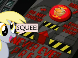 Size: 640x480 | Tagged: safe, derpy hooves, pegasus, pony, big red button, crossover, female, mare, megas xlr, muffin, muffin button, open mouth, smiling, squee, team four star, xk-class end-of-the-world scenario