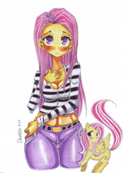 Size: 1352x1908 | Tagged: safe, artist:bavarell, fluttershy, human, belly button, cleavage, female, humanized, midriff, solo, wide hips