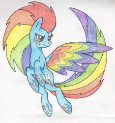 Size: 1024x1094 | Tagged: safe, artist:natura-aranza, derpibooru import, rainbow dash, pegasus, pony, flying, rainbow power, solo, traditional art