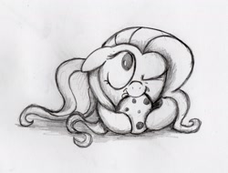 Size: 1987x1510 | Tagged: safe, artist:otto720, fluttershy, pegasus, pony, cookie, cute, monochrome, shyabetes, solo, traditional art