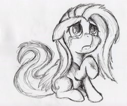 Size: 2716x2268 | Tagged: safe, artist:otto720, fluttershy, pegasus, pony, crying, injured, monochrome, solo, traditional art