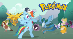 Size: 638x344 | Tagged: safe, derpibooru import, rainbow dash, pegasus, pony, articuno, baseball cap, butterfree, cap, coach rainbow dash, crossover, hat, legendary pokémon, pidgeot, pokémon, psyduck, whistle, whistle necklace, zapdos, zubat