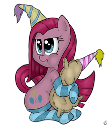 Size: 967x1116 | Tagged: safe, artist:silver1kunai, madame leflour, pinkie pie, earth pony, pony, clothes, cute, cuteamena, hat, hug, pinkamena diane pie, pouting, scrunchy face, snuggling, socks, solo, striped socks