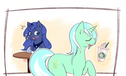 Size: 1184x721 | Tagged: safe, artist:dieva4130, lyra heartstrings, princess celestia, princess luna, alicorn, pony, unicorn, blushing, duo, eyes closed, eyes on the prize, female, hooves on the table, levitation, looking at someone, looking at something, magic, mare, open mouth, open smile, smiling, starbucks, table, telekinesis