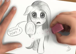 Size: 2339x1654 | Tagged: safe, artist:bluespaceling, pinkie pie, earth pony, pony, crying, eraser, fourth wall, hand, how could you do such a horrible thing?, pinkamena diane pie, pinkiebuse, realistic, solo, traditional art, underhoof, you monster