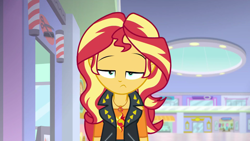 Size: 1920x1080 | Tagged: safe, screencap, sunset shimmer, a fine line, better together, equestria girls, barbershop, barbershop pole, canterlot mall, geode of empathy, solo, store, storefront, sunroof, sunset shimmer is not amused, unamused