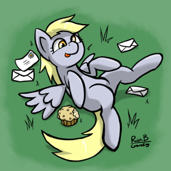 Size: 2836x2836 | Tagged: safe, artist:corsairsedge, derpy hooves, pegasus, pony, :p, cute, female, letter, mail, mare, muffin, on back, smiling, solo, spread wings, tongue out