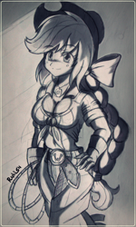 Size: 1200x2002 | Tagged: safe, artist:ruhisu, applejack, human, belly button, grayscale, humanized, midriff, monochrome, solo, traditional art