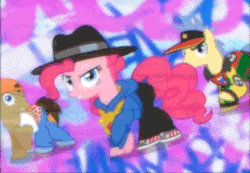 Size: 520x360 | Tagged: safe, screencap, doctor whooves, goldengrape, pinkie pie, red delicious, sir colton vines iii, earth pony, pony, testing testing 1-2-3, animated, apple family member, backup dancers, loop, rap, rapper pie