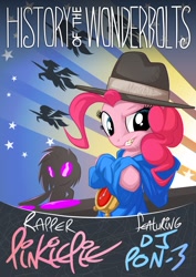 Size: 848x1200 | Tagged: safe, artist:mysticalpha, dj pon-3, pinkie pie, vinyl scratch, earth pony, pony, unicorn, testing testing 1-2-3, clothes, gold tooth, hat, poster, rapper pie, silhouette, wonderbolts