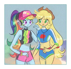Size: 738x719 | Tagged: safe, artist:mmoriqomm, derpibooru import, applejack, rainbow dash, better together, equestria girls, lost and found, applejack's hat, belly button, bracelet, cap, clothes, cowboy hat, duo, female, hat, headphones, jewelry, midriff, smiling, swimsuit