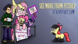 Size: 2133x1200 | Tagged: safe, artist:petirep, derpibooru import, apple bloom, fluttershy, pinkie pie, twilight sparkle, human, guy fawkes mask, protest