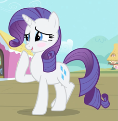 Size: 819x835 | Tagged: safe, screencap, rarity, pony, unicorn, simple ways, blushing, crossed legs, cute, female, mare, nervous, open mouth, raised hoof, raised leg, raribetes, reaction image, shy, smiling, solo