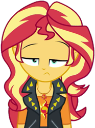 Size: 739x993 | Tagged: safe, artist:fella, sunset shimmer, a fine line, better together, equestria girls, bored, female, geode of empathy, leather vest, looking at you, magical geodes, simple background, solo, transparent background