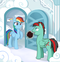 Size: 1258x1300 | Tagged: safe, artist:28gooddays, derpibooru import, rainbow dash, oc, oc:ray blaze, pegasus, pony, canon x oc, cute, dashabetes, fanfic, fanfic art, female, flower, love, male, rainbow dash's house, romantic, rose, shipping, straight