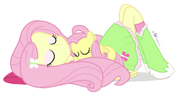 Size: 850x450 | Tagged: safe, artist:dm29, fluttershy, equestria girls, cuddling, cute, duo, eyes closed, filly, human ponidox, julian yeo is trying to murder us, on back, pony pet, shyabetes, simple background, sleeping, smiling, snuggling, square crossover, transparent background