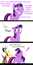 Size: 871x1708 | Tagged: safe, artist:mickeymonster, derpibooru import, discord, twilight sparkle, magical mystery cure, angry, blushing, clapping, comic