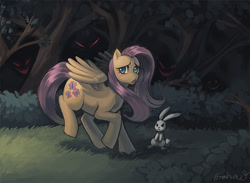 Size: 1123x821 | Tagged: safe, artist:hirahime, angel bunny, fluttershy, pegasus, pony, dark, everfree forest, forest