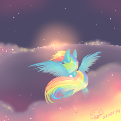 Size: 1024x1024 | Tagged: safe, artist:missmagicalwolf, derpibooru import, rainbow dash, pegasus, pony, cloud, cloudy, dusk, solo