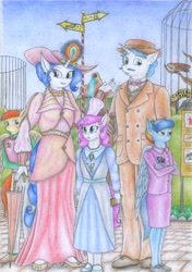 Size: 2456x3494 | Tagged: safe, artist:sinaherib, fancypants, rarity, oc, oc:amber earring, oc:rainfall, oc:summer wind, anthro, eagle, pegasus, plantigrade anthro, unicorn, cane, clothes, crossed arms, cutie mark clothes, dress, female, glowing horn, hat, male, mary janes, offspring, parent:big macintosh, parent:fancypants, parent:fluttershy, parent:rainbow dash, parent:rarity, parent:soarin', parents:fluttermac, parents:raripants, parents:soarindash, raripants, shipping, straight, suit, sun hat, traditional art, umbrella, vest, zoo