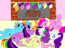 Size: 800x600 | Tagged: safe, artist:celestialsapphire, derpibooru import, applejack, fluttershy, pinkie pie, rainbow dash, rarity, spike, twilight sparkle, twilight sparkle (alicorn), alicorn, dragon, earth pony, pegasus, pony, unicorn, christmas stocking, cuddle puddle, cuddling, female, fireplace, mane seven, mane six, mare, sleeping, yawn