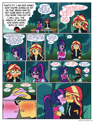 Size: 898x1166 | Tagged: safe, artist:crydius, sci-twi, sunset shimmer, twilight sparkle, comic:love advice, equestria girls, bloodborne, blushing, clothes, comic, female, jacket, kissing, leather jacket, lesbian, scitwishimmer, shipping, sunsetsparkle