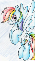 Size: 1542x2700 | Tagged: safe, artist:raquelyl, derpibooru import, rainbow dash, pegasus, pony, flying, grin, solo, traditional art